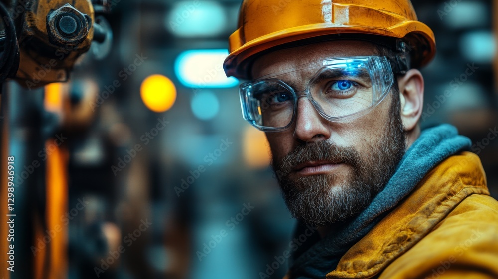 Aufkleber a skilled worker in protective gear and a helmet examines complex machinery in a modern automated ma