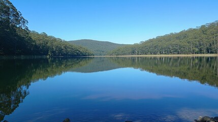 Fototapeta premium Serene lake reflecting trees and hills under a clear sky