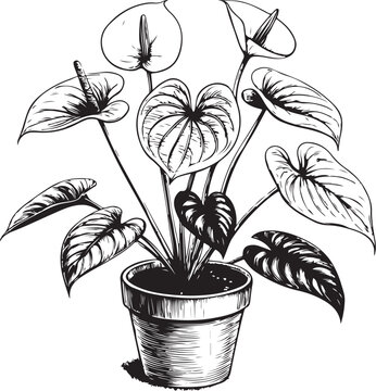 recommend clip art: Anthurium andraeanum (Flamingo flower) Houseplant in Pot, Potted Plant Home Decor Black and White Vector Illustration, Sketch Drawing Line Linear Engraving, Hand-drawn Isolated