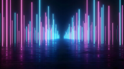 Abstract neon light tunnel with blue and purple vertical lines reflecting on a dark surface