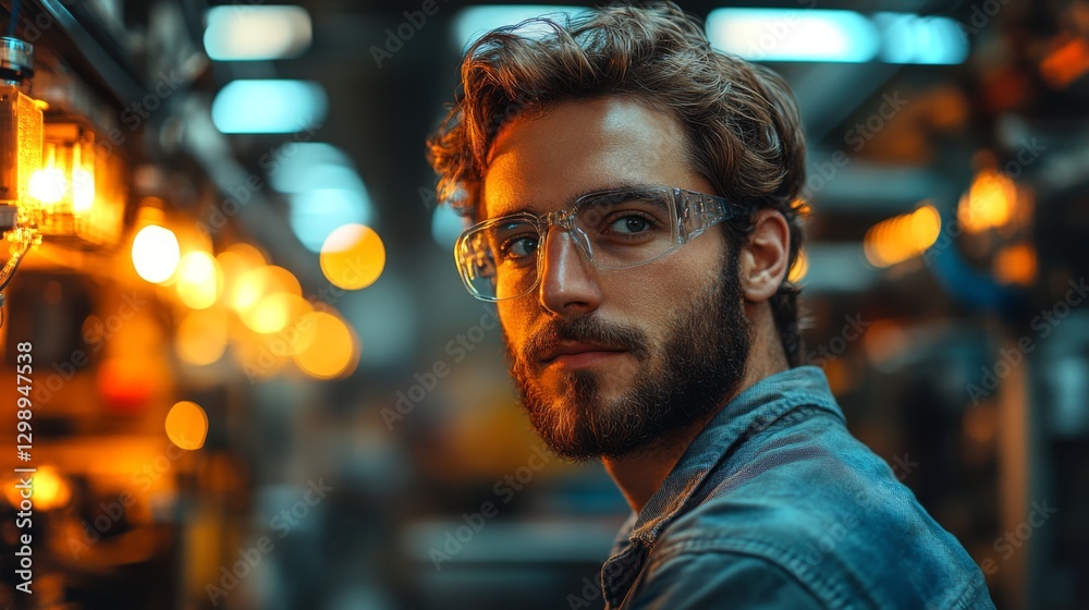 Poster A focused engineer monitors automated machinery within a bustling factory environment.