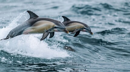Fototapeta premium Playful dolphins jumping out of the ocean