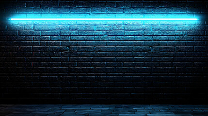 Blue Neon Light Bar Illuminates Brick Wall In Dark Interior With Textured Surface