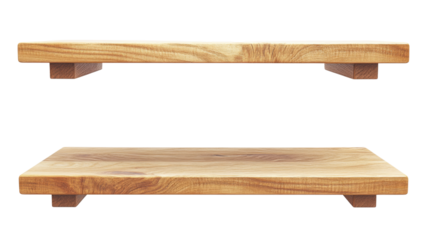 Two empty wooden shelves floating on transparent background
