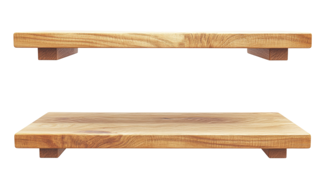 Two empty wooden shelves floating on transparent background