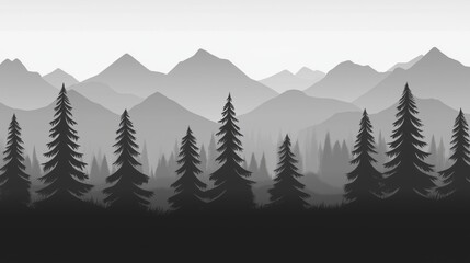 Fototapeta premium A serene black and white silhouette of mountains and pine trees.