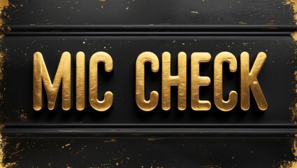 Obraz premium Close-up view of a vintage microphone with a textured black background highlighting the golden lettering on a plaque that reads 'Mic Check.'