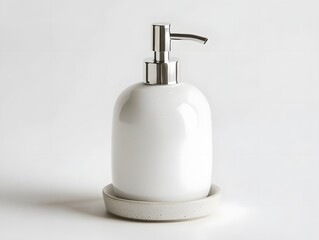 Minimalist White Ceramic Soap Dispenser with Silver Pump on White Background