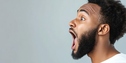 Fototapeta premium African American man with mouth open in surprise, white background, side view. 
