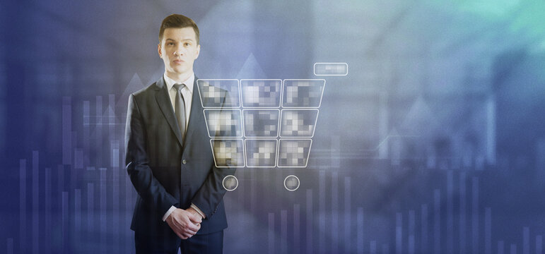 A man in a business suit clasped his hands and looked around indifferently Digital pixel basket cart