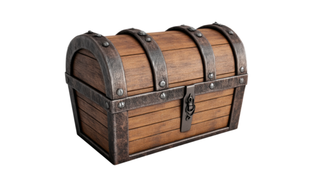 Old wooden treasure chest with metal reinforcements on transparent background