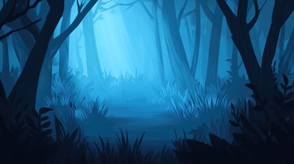 A serene blue forest with tall trees and soft light filtering through the foliage.