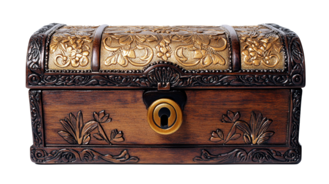 Closed wooden treasure chest with golden floral decorations on transparent background