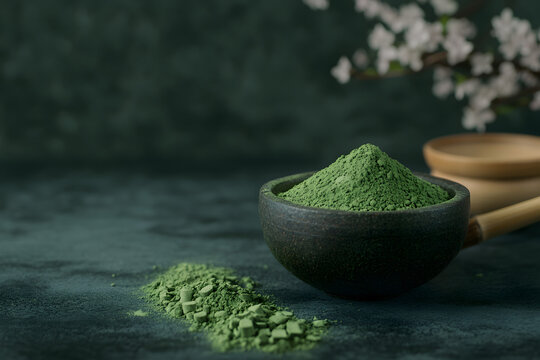 Top view of a macha tea or green tea leaf with copy space, background