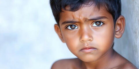 Indian boy frowning angrily, white background for text. 