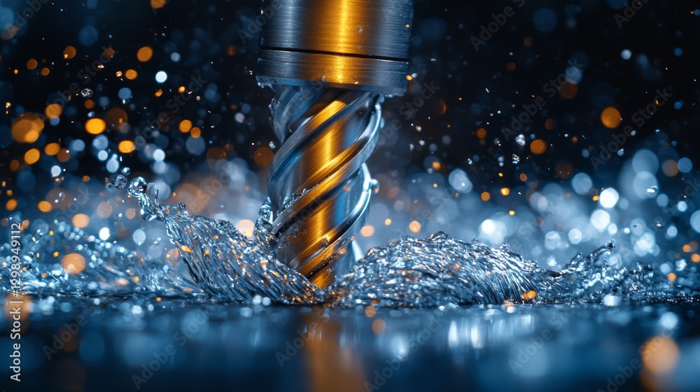Poster water sprays around a twisting metal cutter during a machining process in an industrial factory. thi