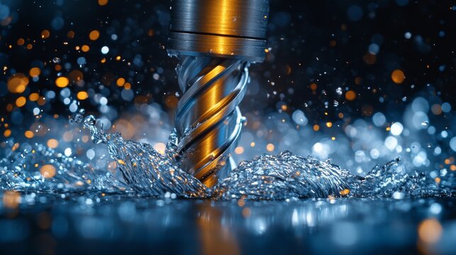 Water sprays around a twisting metal cutter during a machining process in an industrial factory. This advanced method ensures effective cooling and lubrication.