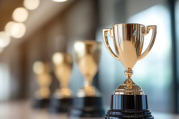 Golden Trophies: Achievement & Success. Awards lined up, symbol of victory & recognition. Shine of excellence in competitive fields.