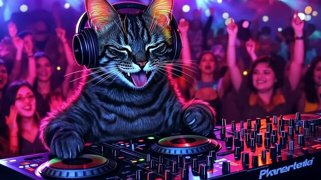 Cat DJ spins tracks at vibrant party with enthusiastic crowd dancing and enjoying the lively atmosphere