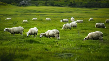 Obraz premium Sheep grazing in a lush green pasture