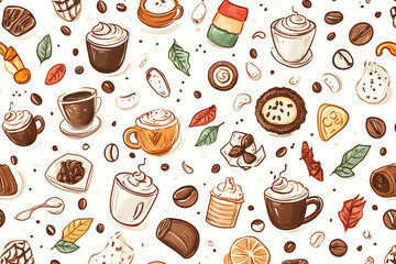 Pattern with coffee theme style. Cappucino and desserts on a light background