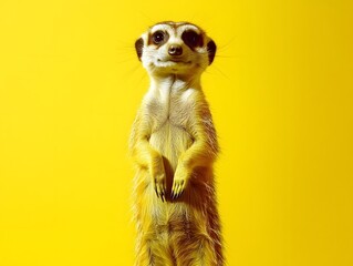 Fototapeta premium Meerkat Standing Alert on Bright Yellow Background