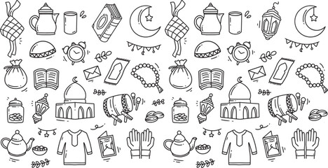 Set of islamic outline icons. Ramadan doodle. Vector illustration
