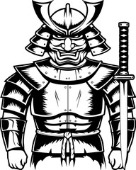 Obraz premium Dark fantasy SVG vector features demons mythical creatures cursed warriors. Vintage Samurai Warrior Illustration with Sword in Black and White