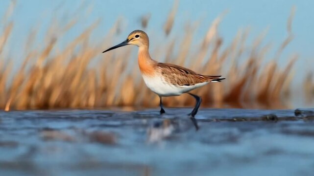 black-tailed godwit wading in shallow water. elegant black-tailed godwit searching for food. black-tailed godwit taking flight over wetlands.