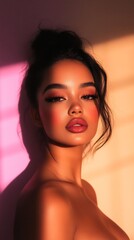 Stunning woman high cheekbones pastel backdrop