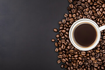 cup of cappuccino or coffee, surrounded by coffee beans on a dark background with copy space, creating a minimalist and elegant composition.