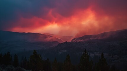 Fototapeta premium Smoke from a distant wildfire casting a reddish hue over the sky with
