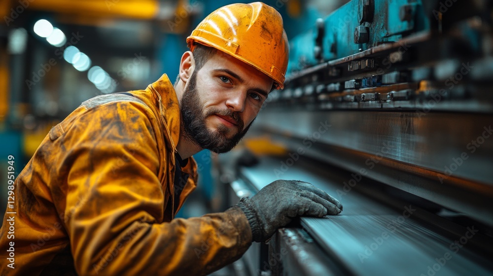 Poster a hardworking individual in a safety helmet and orange workwear operates machinery in a bustling man