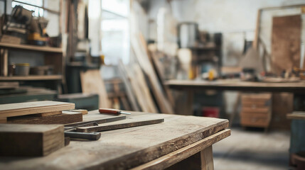 Woodworking Workshop Closeup of Wood Pieces and Tools on Workbench