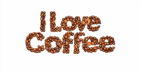 Decaf coffee. Text made of coffee beans spelling "I Love Coffee" emphasizes coffee appreciation.
