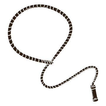 Whip in action:  An illustration of a whip, its coiled loop and handle displayed with a simple, yet striking design.