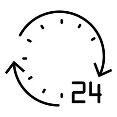 All Day Service: A clock with circling arrows and the number "24," symbolizes continuous, round-the-clock availability and service, often indicating accessibility at any hour of the day.