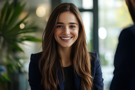 Smiling Young Businesswoman in a Professional Office Setting Looking at Camera

