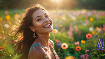 Bellissima ragazza che esprime gioia e felicità in un prato pieno di fiori colorati 