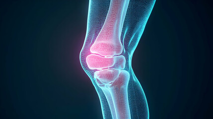 3D Visualization of a Human Knee Joint with Glowing Blue and Red Color on Dark Background