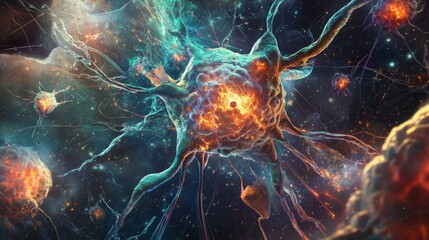 Vibrant neural networks: an artistic representation of brain cells in cosmic setting
