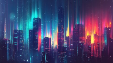 Obraz premium Futuristic Cityscape with Neon Lights and Data Streams Illustration