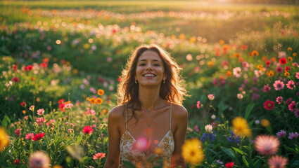 Bellissima ragazza che esprime gioia e felicità in un prato pieno di fiori colorati 