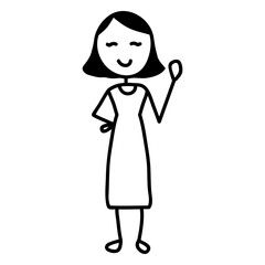 Stick Figure Woman: Simple illustration of a woman with a short haircut. She appears happy and is waving.