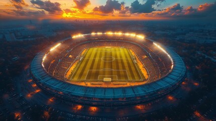 Obraz premium Aerial view of illuminated stadium at sunset.