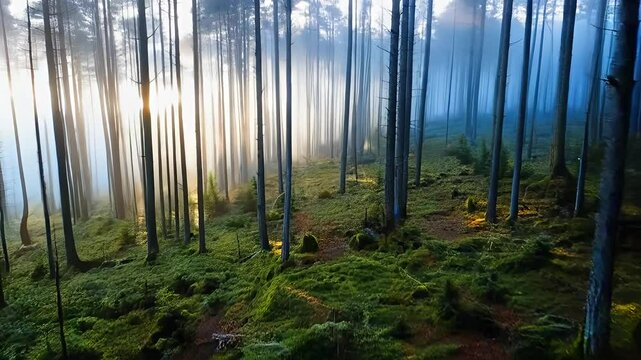 survol d'une for&ecirc;t rempli de brume