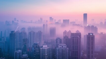Fototapeta premium Smoky haze over a bustling city skyline at dawn with