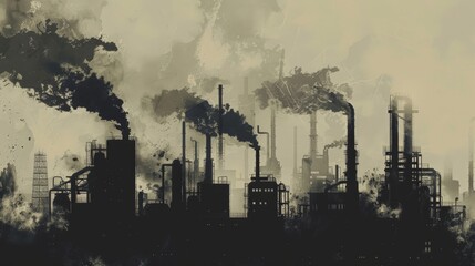 Fototapeta premium Smoky industrial area with silhouettes of machinery and buildings with