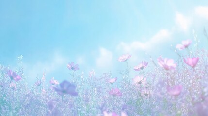 Obraz premium Delicate Cosmos Flowers Blooming in a Dreamy Field Under Bright Sky