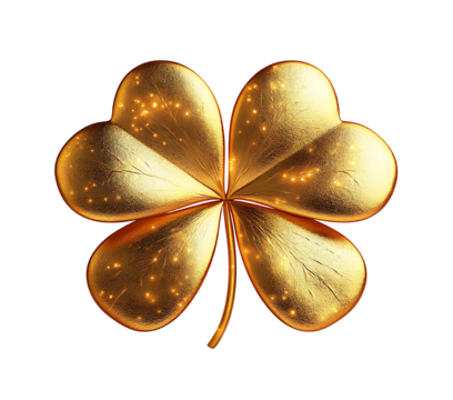 Golden Four-Leaf Clover with Sparkling Details on transparent background